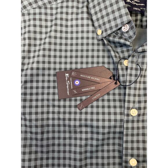 NWT Ben Sherman Men’s button-up Medium blue/green and gray check stretch - Picture 5 of 7